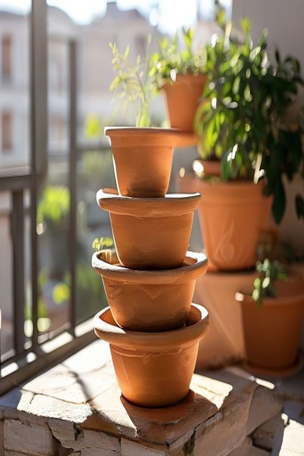 A stack of three progressively smaller painted terracotta pots forming a tiered planter on a sunny balcony Each tier hol
