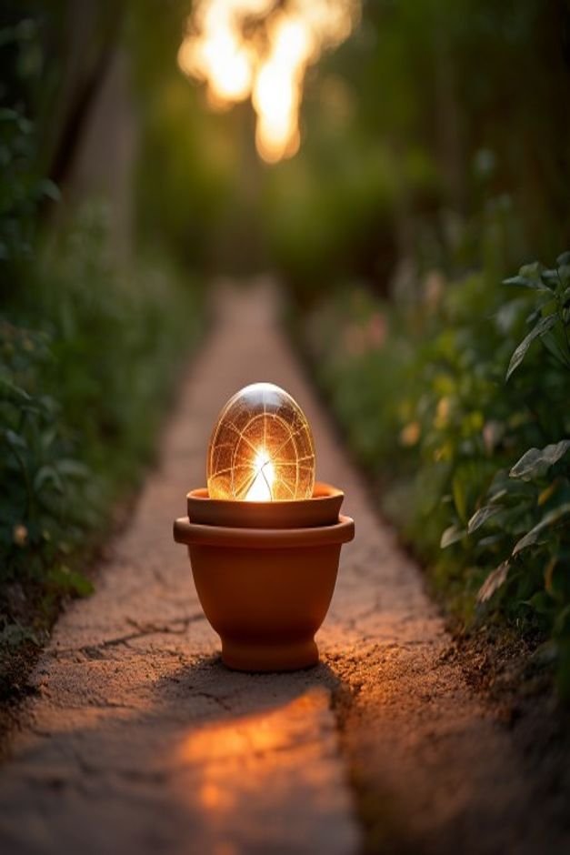 A terracotta pot with a solar-powered LED light globe nestled inside casting a gentle warm glow on a pathway edged with