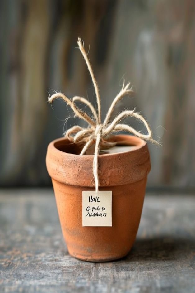 A small beautifully painted terracotta pot tied with a simple jute string and a small handwritten gift tag Inside it hol