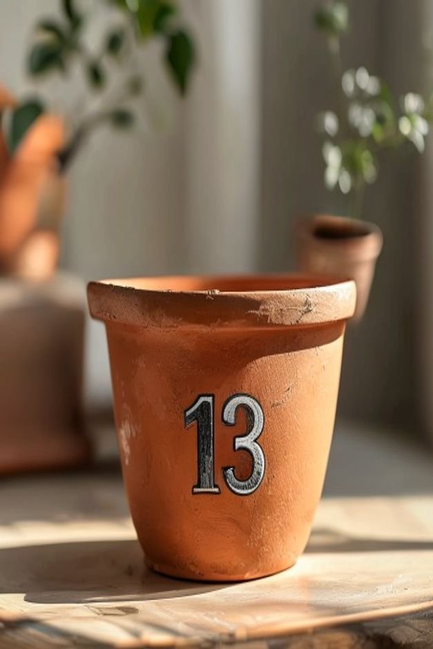 A close-up slightly elevated shot of a terracotta pot painted with a contrasting number 123 house number in a clean sans
