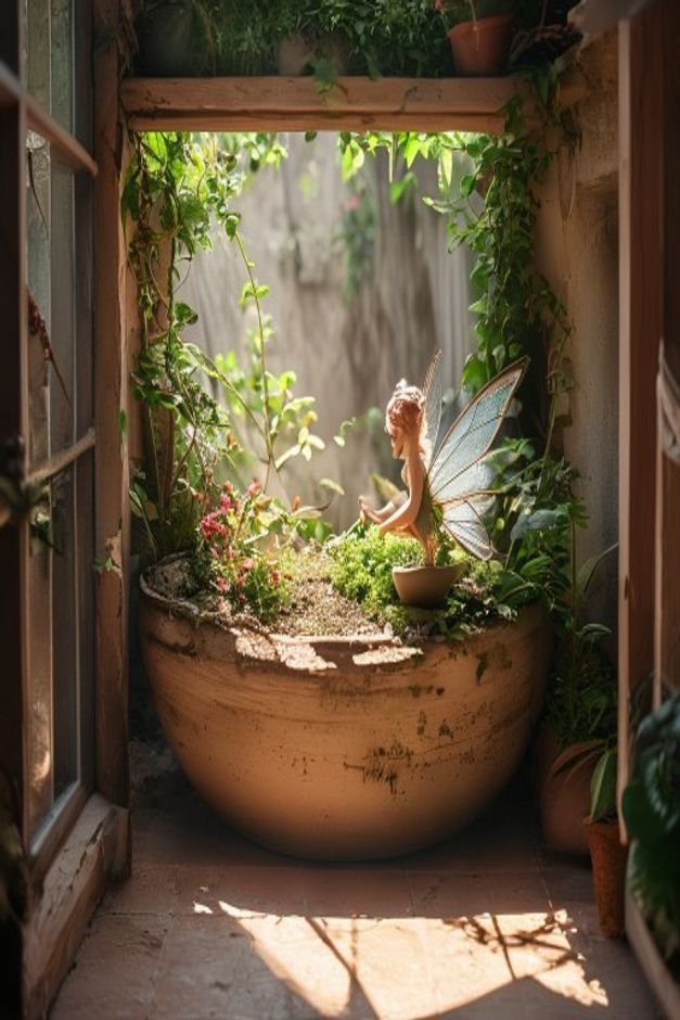 A wide slightly aerial shot of a small whimsical fairy garden built inside a large shallow unglazed terracotta pot Minia