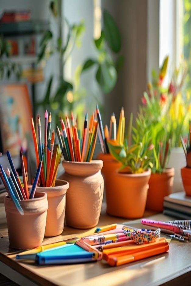 A neatly arranged desk vignette Several small hand-painted terracotta pots hold various stationery items colorful pens a