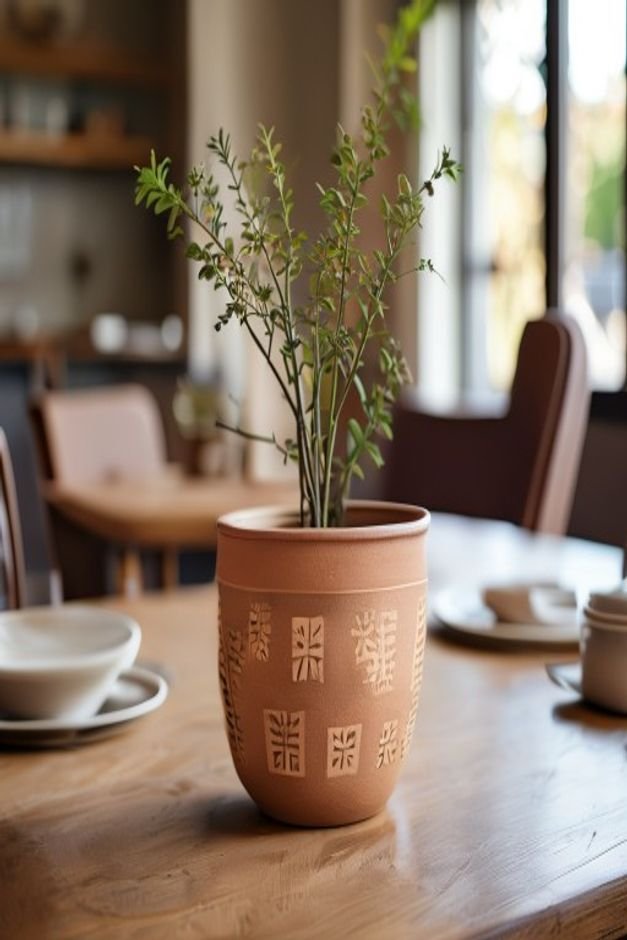 A cozy centerpiece on a dining table A medium-sized terracotta pot decorated with simple block printing in an earthy ton