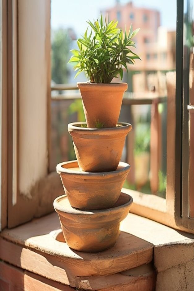 A stack of three progressively smaller painted terracotta pots forming a tiered planter on a sunny balcony Each tier hol