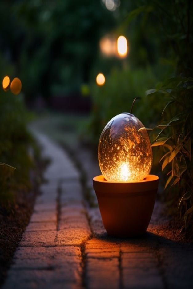 A terracotta pot with a solar-powered LED light globe nestled inside casting a gentle warm glow on a pathway edged with
