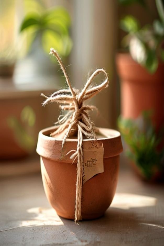 A small beautifully painted terracotta pot tied with a simple jute string and a small handwritten gift tag Inside it hol
