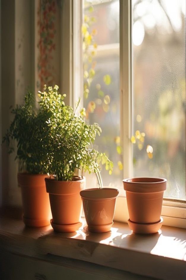 A close-up shot of a cluster of small terracotta pots on a sun-drenched kitchen windowsill Each pot holds a different fr