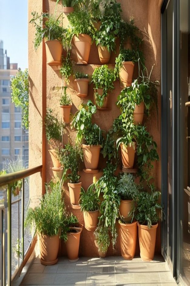 A creative vertical garden display on a sunlit balcony wall Terracotta pots of varying sizes are securely mounted or sta