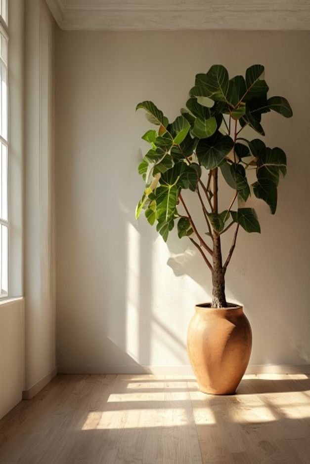 An elegant indoor living room corner featuring a large unglazed terracotta pot holding a lush Fiddle Leaf Fig tree The p