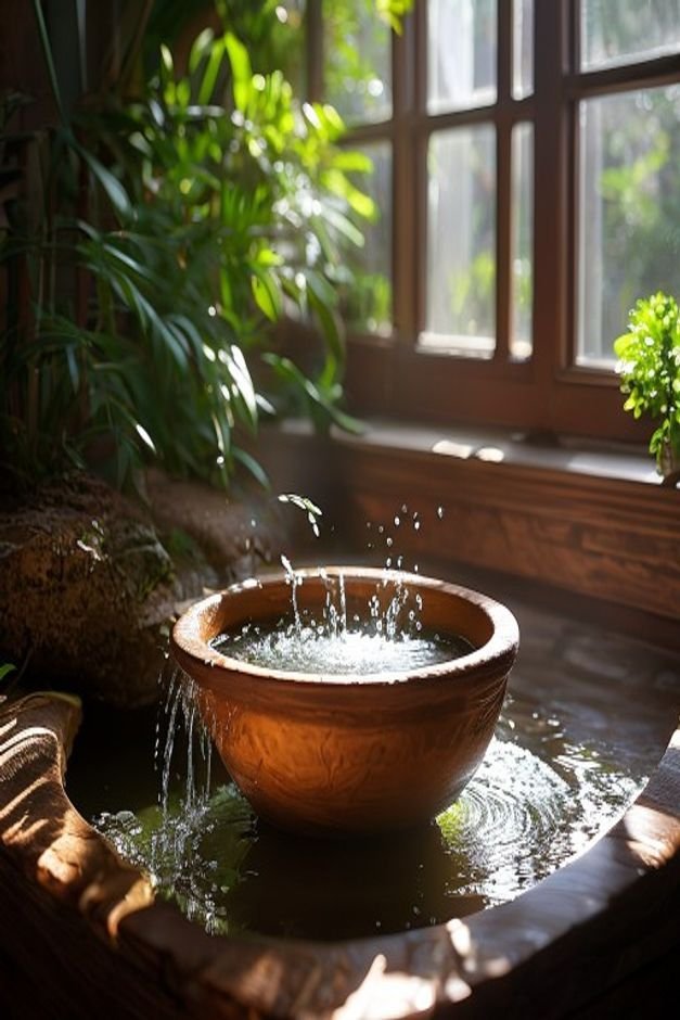 A small tranquil tabletop water feature crafted from a large terracotta pot in a shaded garden nook Water gently trickle
