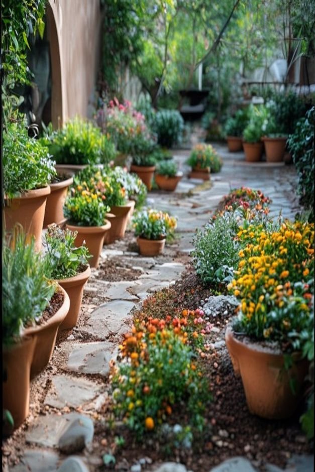 A neat garden pathway lined with small uniform terracotta pots each planted with low-growing colorful annuals or groundc
