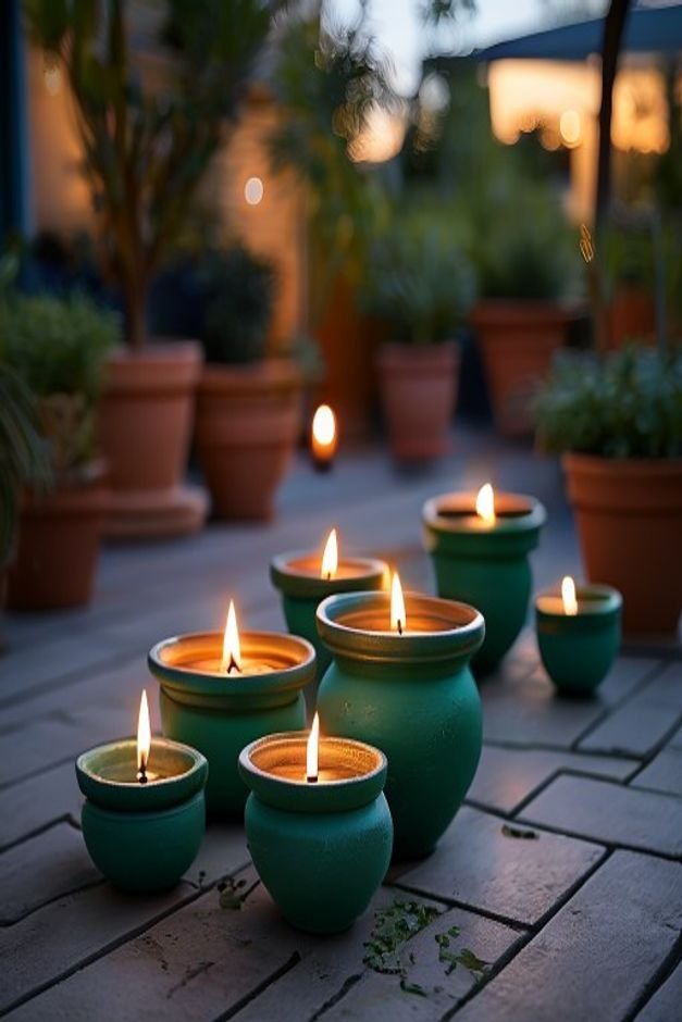 An evening outdoor scene on a patio with several small terracotta pots repurposed as candle holders Tealight candles glo