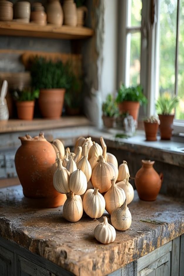 A rustic farmhouse-style kitchen counter displaying medium-sized terracotta pots used for storing garlic bulbs and onion