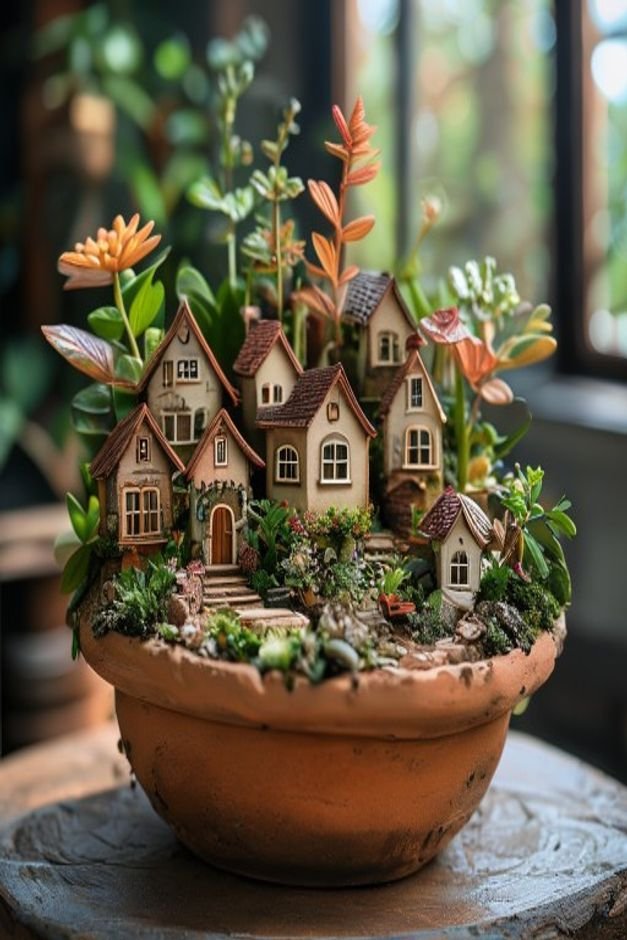 A whimsical fairy garden created inside a wide shallow terracotta pot Miniature houses tiny furniture and small succulen
