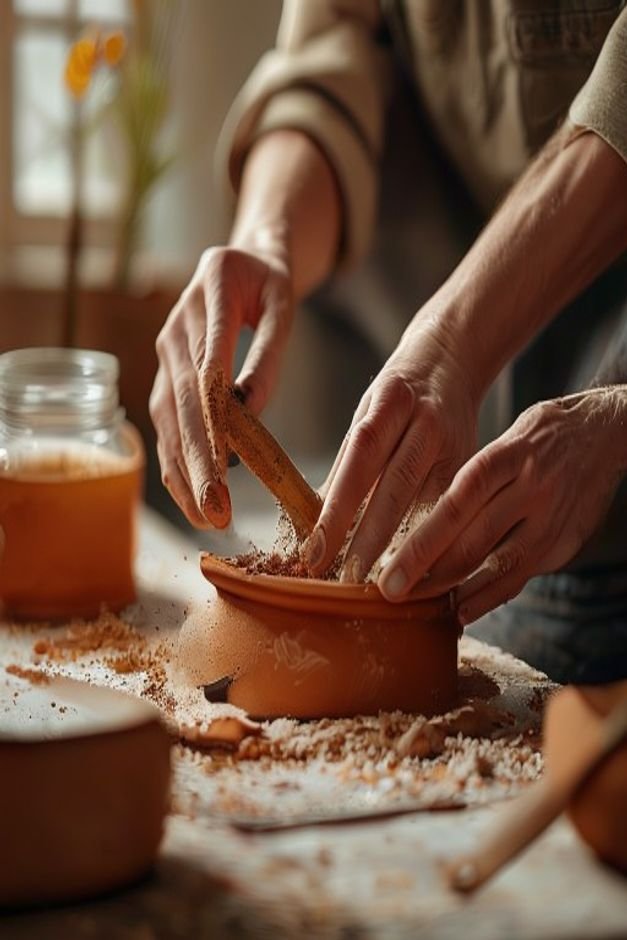 A close-up of hands working on a terracotta pot sanding it lightly with various crafting tools and paint supplies scatte