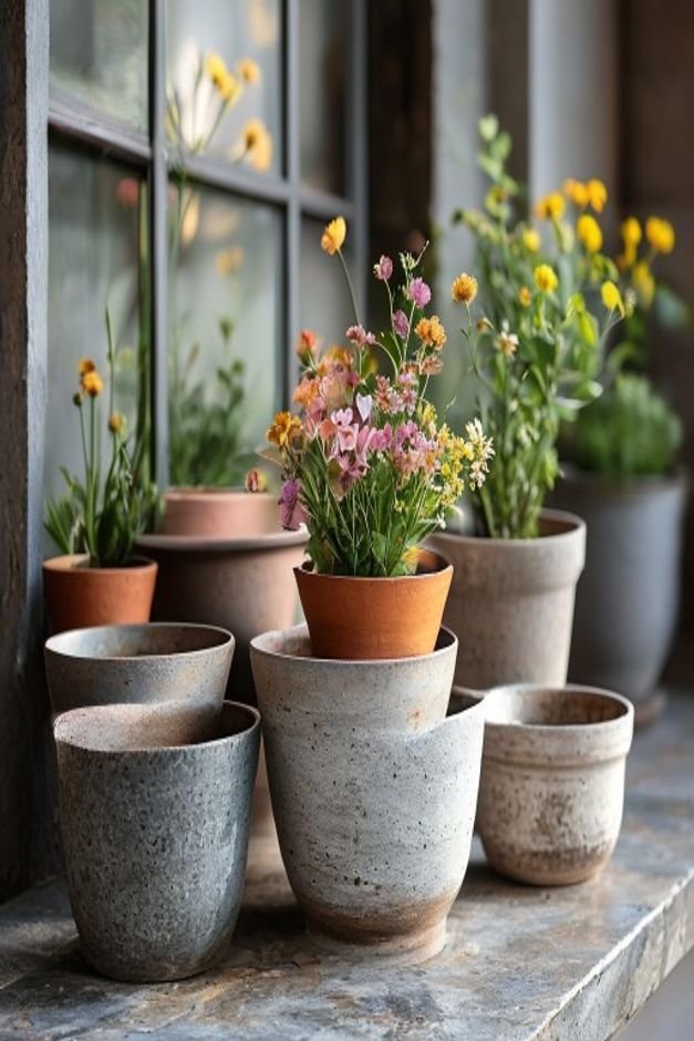 A collection of durable weather-resistant flower pots in various materials e g sturdy concrete glazed ceramic treated wo