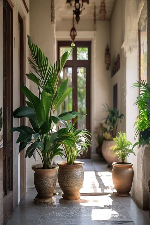 A large ornate planter strategically placed at the entrance of an Indian home flanked by smaller complementary pots The