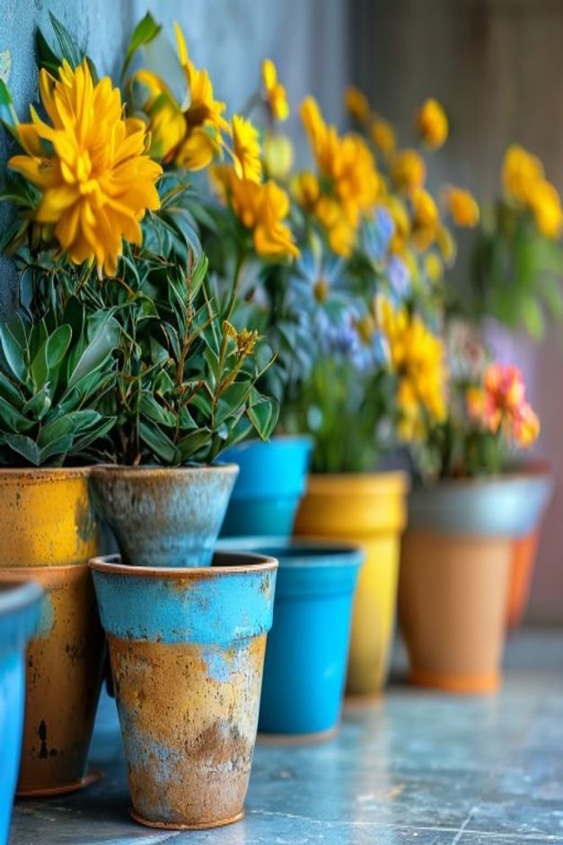 A vibrant display of flower pots showcasing a cohesive color palette of earthy tones blues and yellows The pots feature