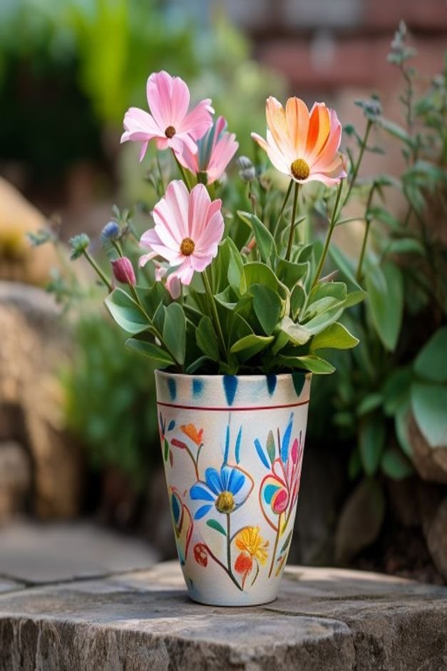 A personalized flower pot craft featuring hand-painted designs or unique embellishments sitting proudly on a garden wall