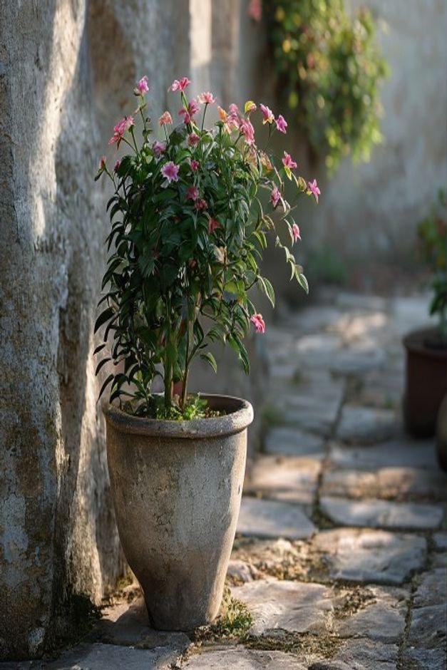 A sturdy well-balanced tall flower pot holding a trailing plant placed on a slightly uneven stone path Another pot shows