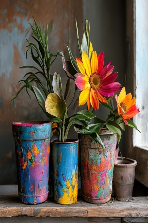 A creative display of upcycled items transformed into flower pots such as an old tire painted vibrant colors or tin cans