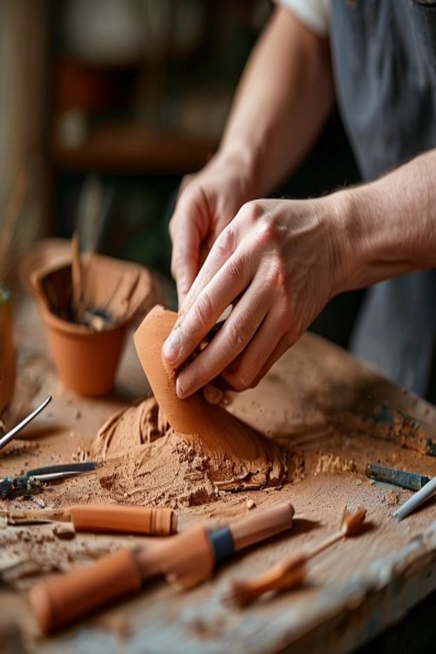 A close-up of hands working on a terracotta pot sanding it lightly with various crafting tools and paint supplies scatte