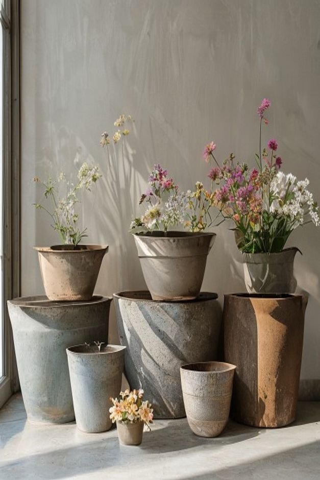 A collection of durable weather-resistant flower pots in various materials e g sturdy concrete glazed ceramic treated wo