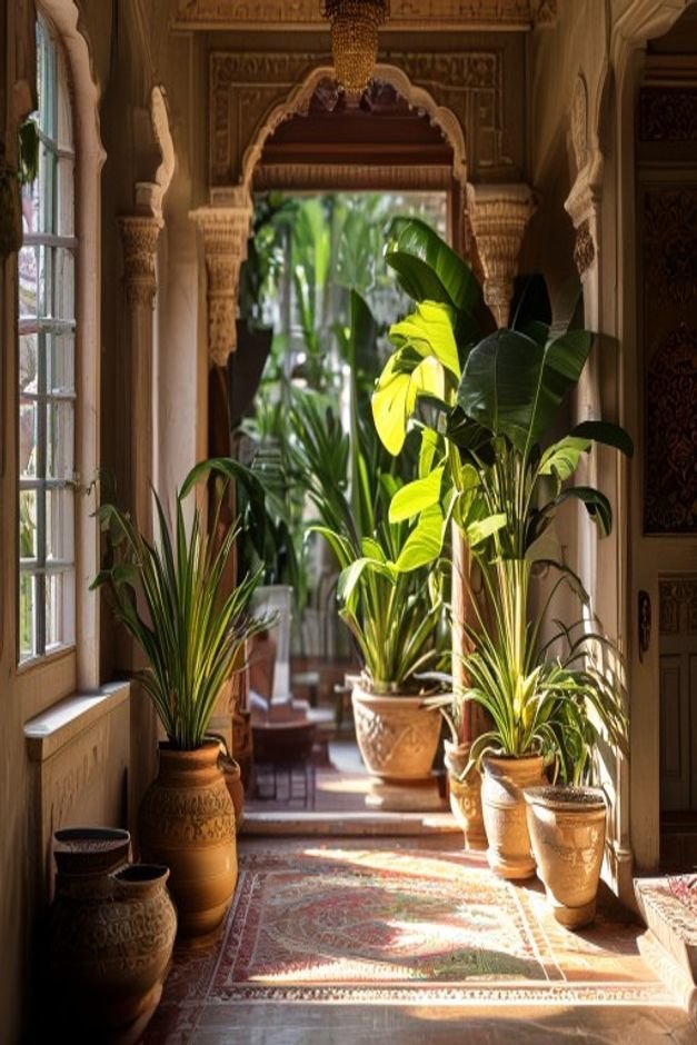 A large ornate planter strategically placed at the entrance of an Indian home flanked by smaller complementary pots The