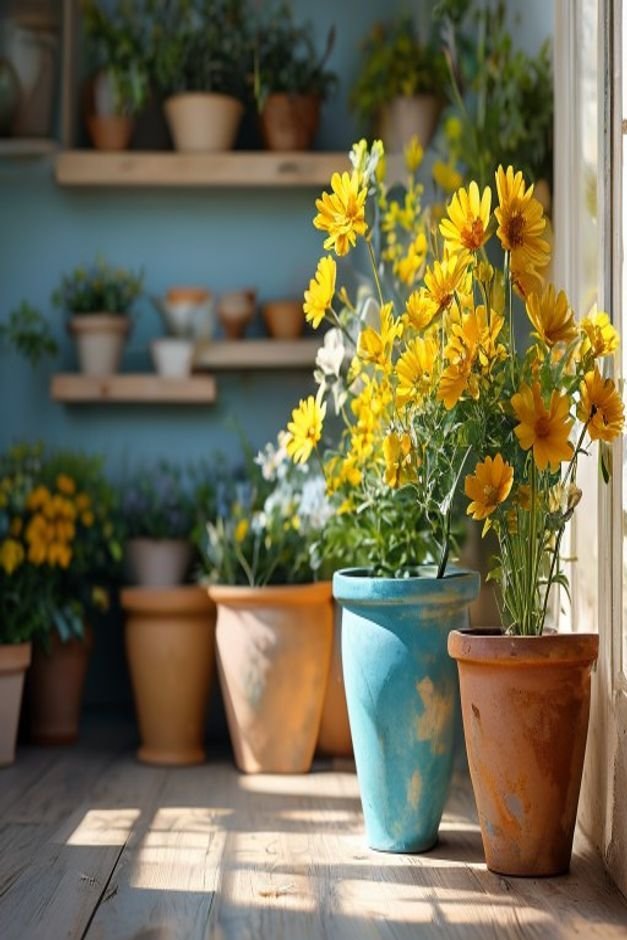 A vibrant display of flower pots showcasing a cohesive color palette of earthy tones blues and yellows The pots feature