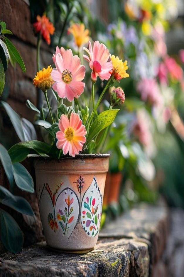 A personalized flower pot craft featuring hand-painted designs or unique embellishments sitting proudly on a garden wall