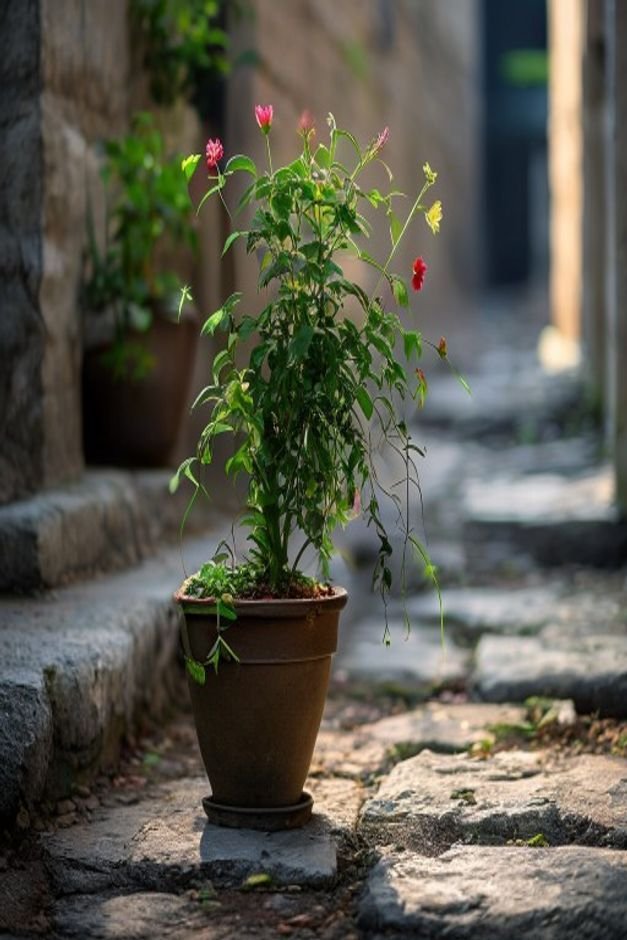 A sturdy well-balanced tall flower pot holding a trailing plant placed on a slightly uneven stone path Another pot shows