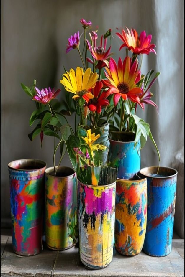 A creative display of upcycled items transformed into flower pots such as an old tire painted vibrant colors or tin cans