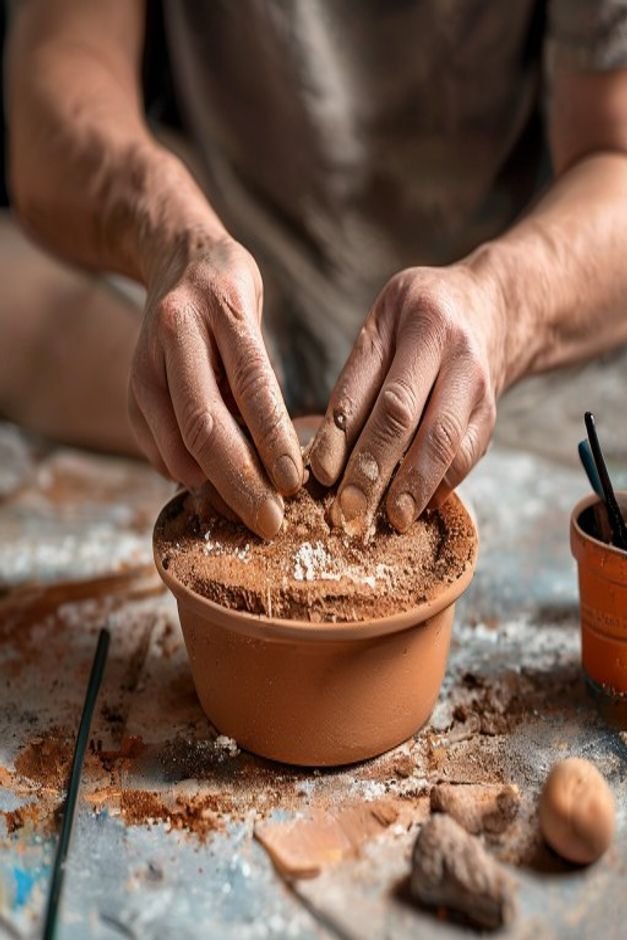 A close-up of hands working on a terracotta pot sanding it lightly with various crafting tools and paint supplies scatte