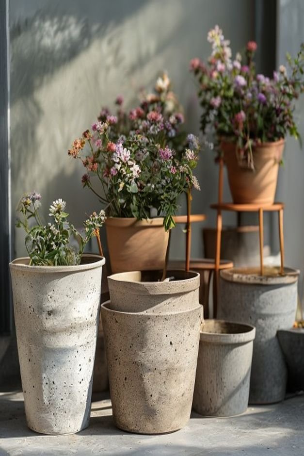 A collection of durable weather-resistant flower pots in various materials e g sturdy concrete glazed ceramic treated wo