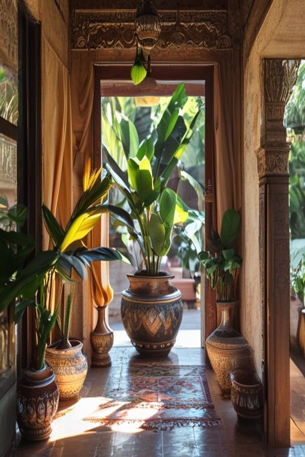 A large ornate planter strategically placed at the entrance of an Indian home flanked by smaller complementary pots The