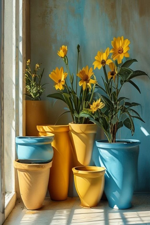A vibrant display of flower pots showcasing a cohesive color palette of earthy tones blues and yellows The pots feature