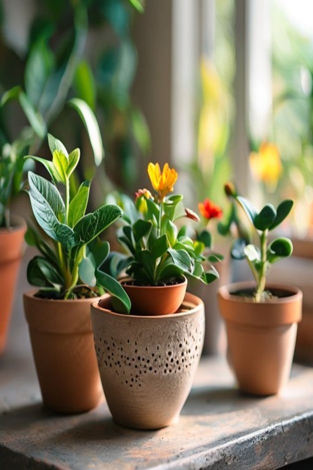 A series of flower pot crafts each holding a different type of plant One pot might have excellent drainage visible anoth