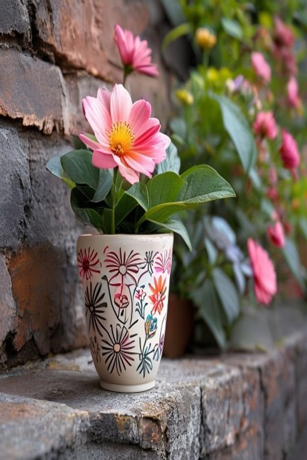A personalized flower pot craft featuring hand-painted designs or unique embellishments sitting proudly on a garden wall