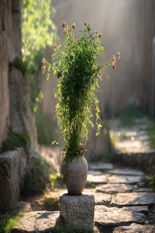 A sturdy well-balanced tall flower pot holding a trailing plant placed on a slightly uneven stone path Another pot shows