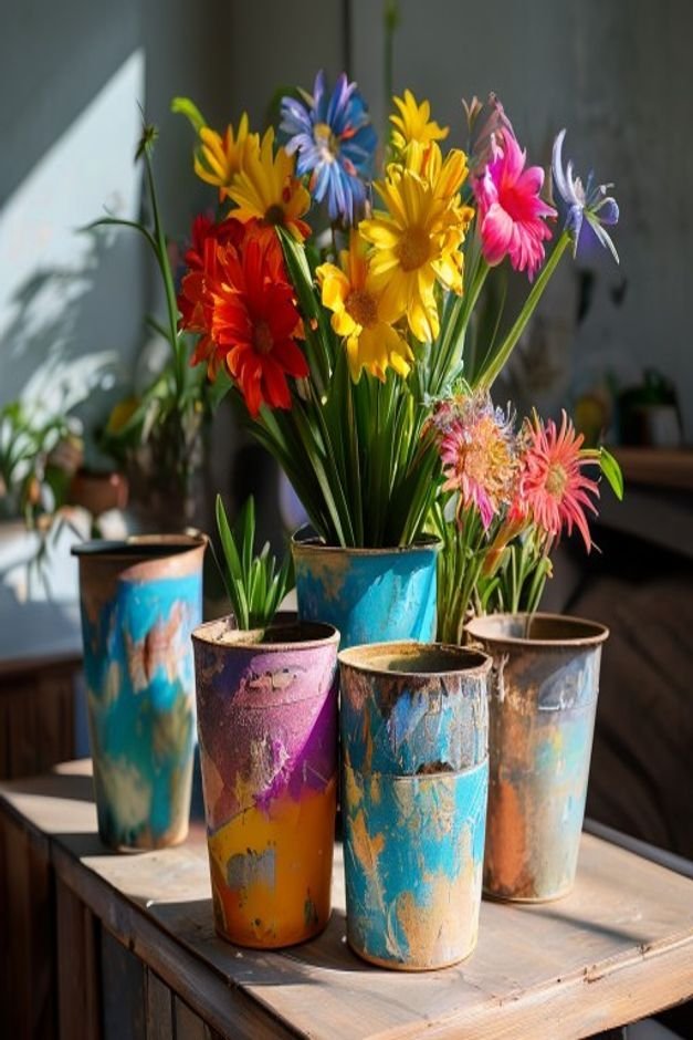 A creative display of upcycled items transformed into flower pots such as an old tire painted vibrant colors or tin cans