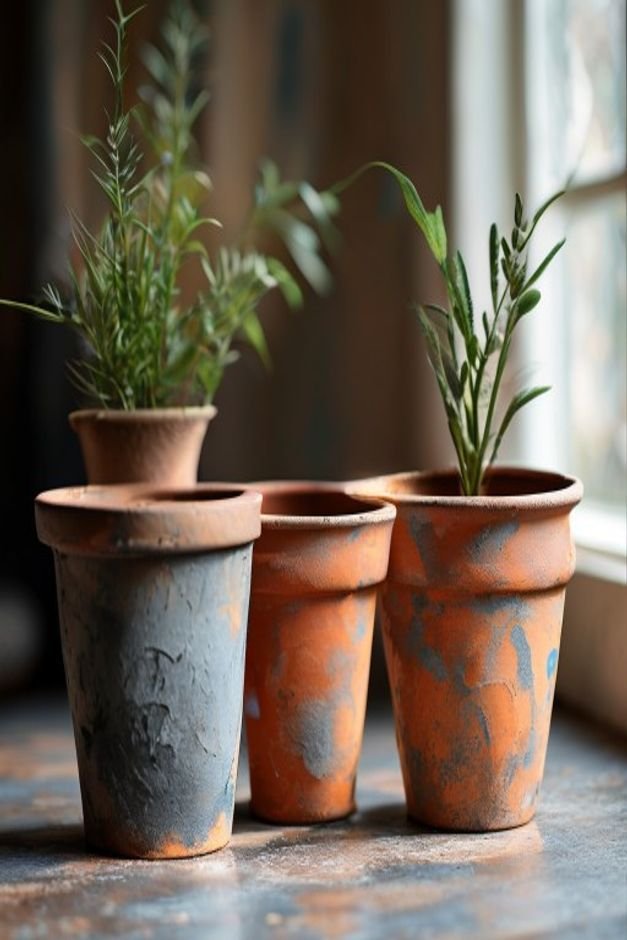 Close-up shot of a set of three terracotta pots each updated with a different paint technique one with a matte charcoal