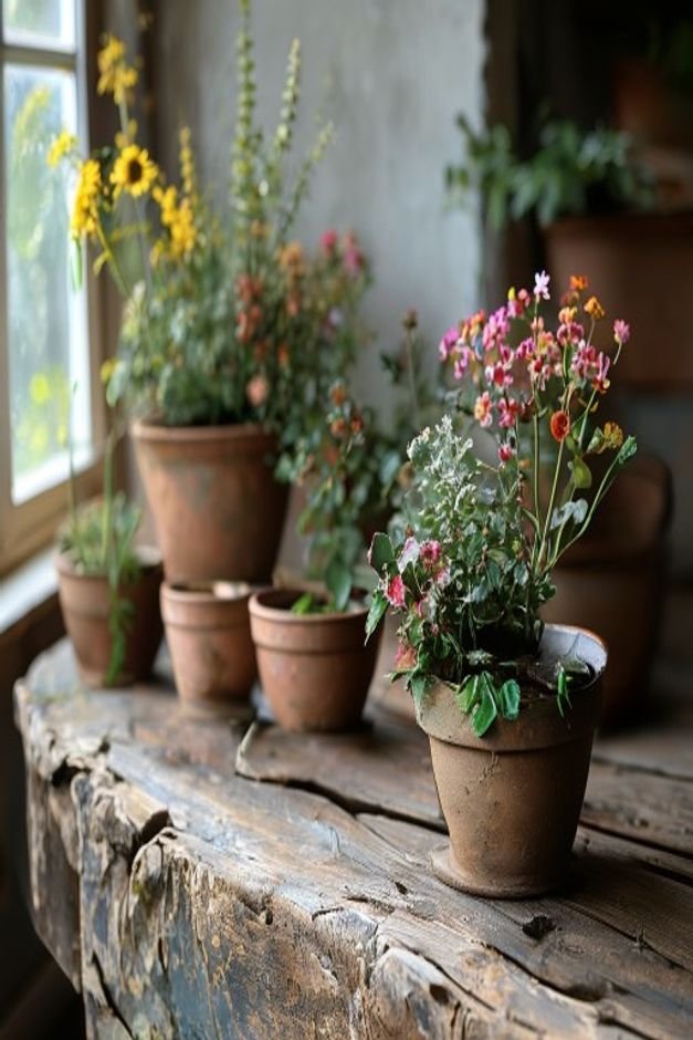 A collection of small to medium-sized flower pots on a rustic wooden bench One pot is neatly wrapped in natural jute rop