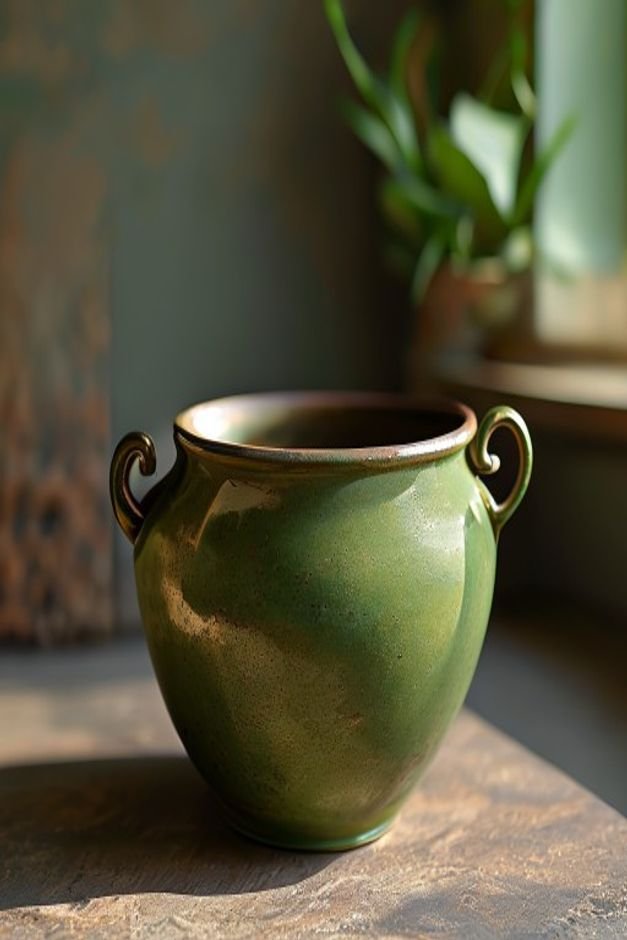 A sturdy medium-sized ceramic planter painted in a deep olive green featuring two small antique-bronze decorative handle
