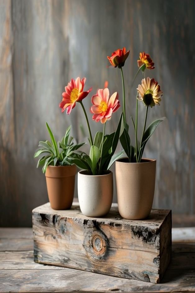 A visually harmonious grouping of three flower pot crafts of varying heights on a weathered wooden crate A tall slender