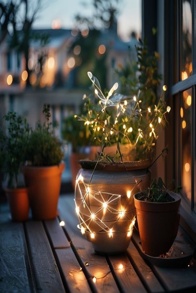 An outdoor evening scene showing a collection of pots on a deck One large pot has delicate solar-powered fairy lights wr