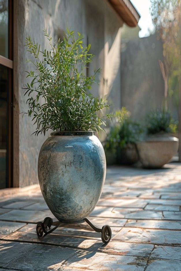 A large heavy ceramic planter painted a muted blue is easily being rolled across a stone patio on sturdy discreet caster