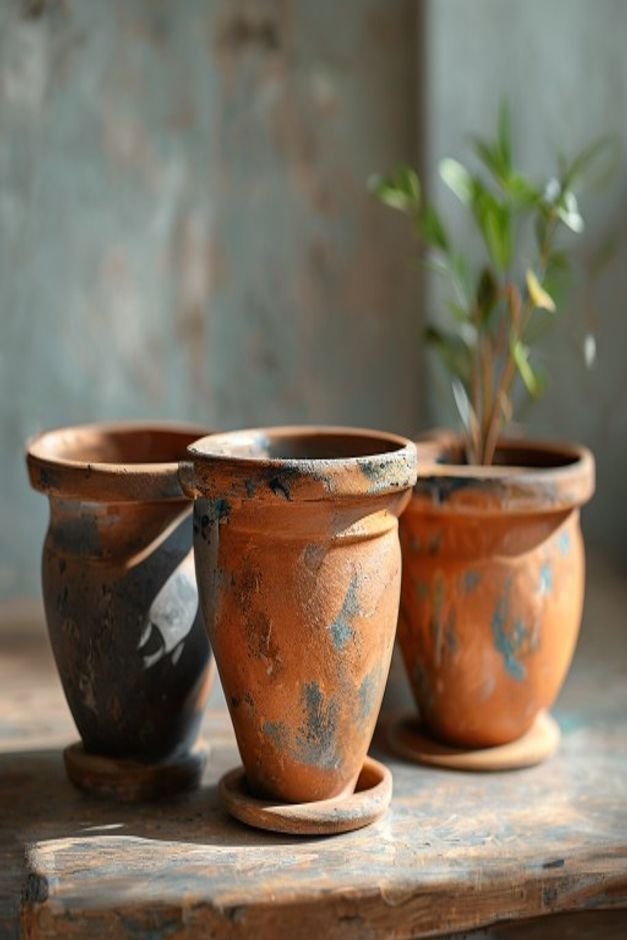 Close-up shot of a set of three terracotta pots each updated with a different paint technique one with a matte charcoal