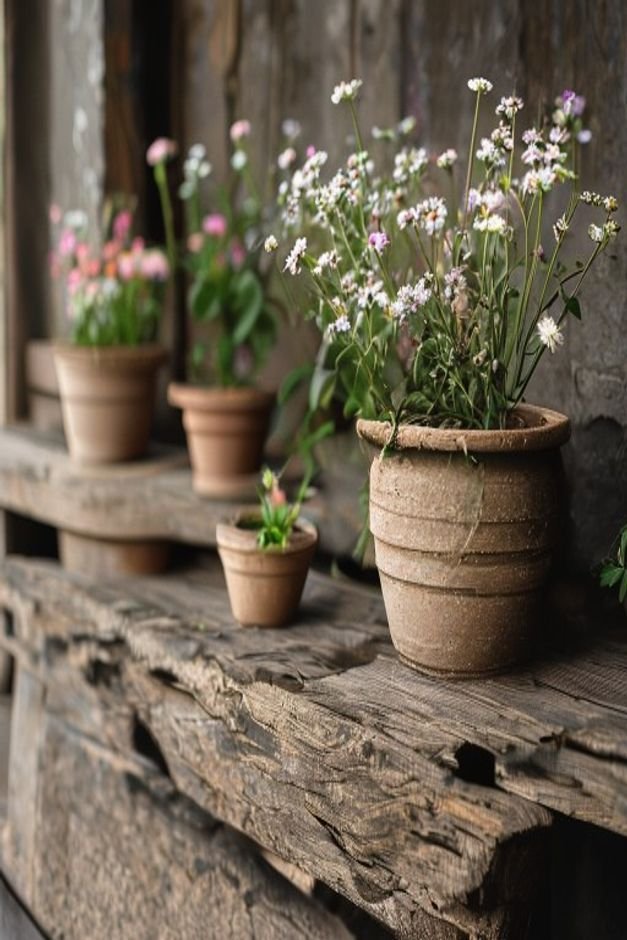 A collection of small to medium-sized flower pots on a rustic wooden bench One pot is neatly wrapped in natural jute rop
