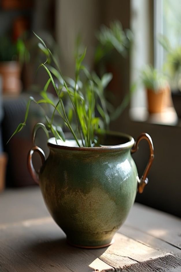 A sturdy medium-sized ceramic planter painted in a deep olive green featuring two small antique-bronze decorative handle