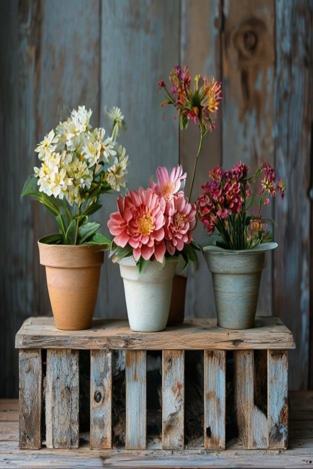 A visually harmonious grouping of three flower pot crafts of varying heights on a weathered wooden crate A tall slender